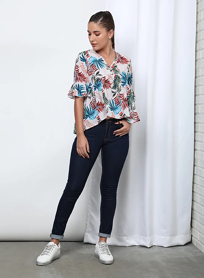 Aila Fashionable Floral V-Neck Blouse Top Beige