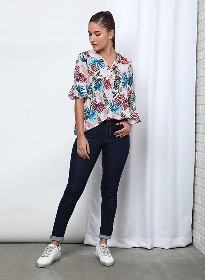 Aila Fashionable Floral V-Neck Blouse Top Beige  - Image 5