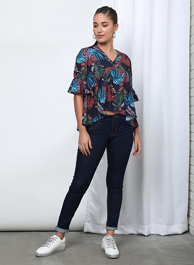 Aila Fashionable Floral V-Neck Blouse Top Navy Floral  - Image 4