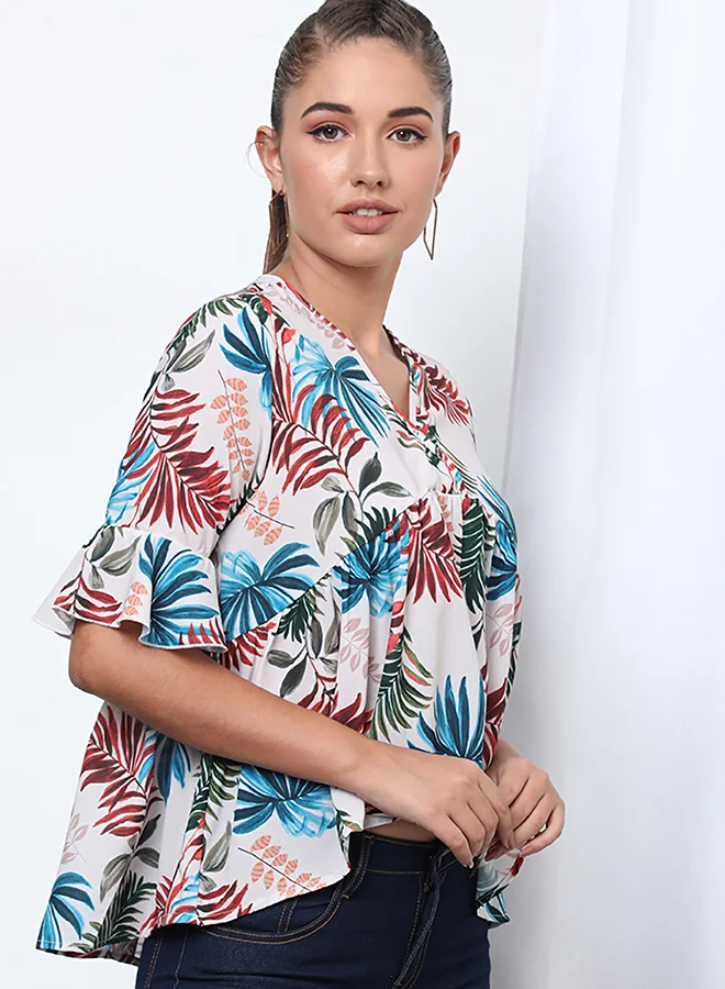 Aila Fashionable Floral V-Neck Blouse Top Beige