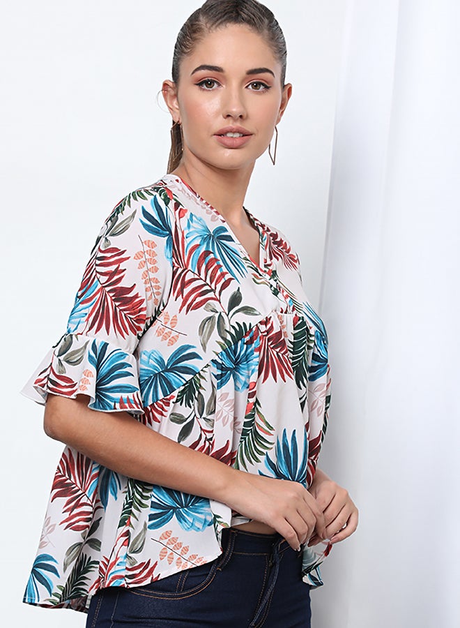 Aila Fashionable Floral V-Neck Blouse Top Beige  - Image 3