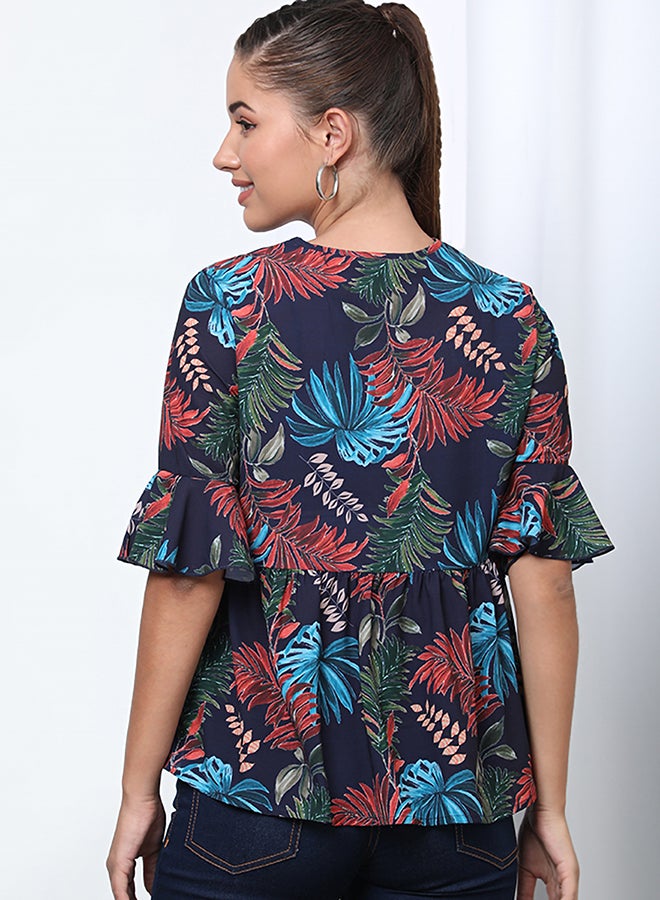 Aila Fashionable Floral V-Neck Blouse Top Navy Floral  - Image 2