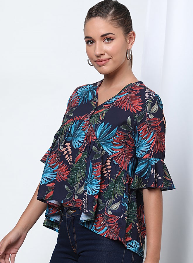 Aila Fashionable Floral V-Neck Blouse Top Navy Floral  - Image 3