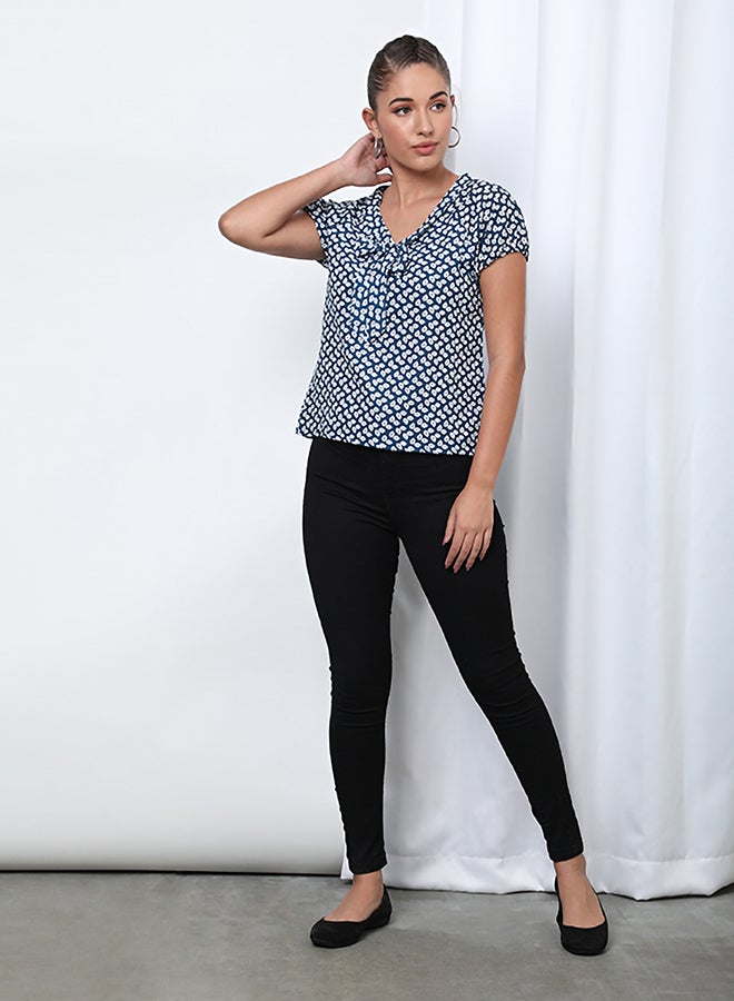 Aila Printed Pattern V- Neck Blouse Top Teal Floral  - Image 4