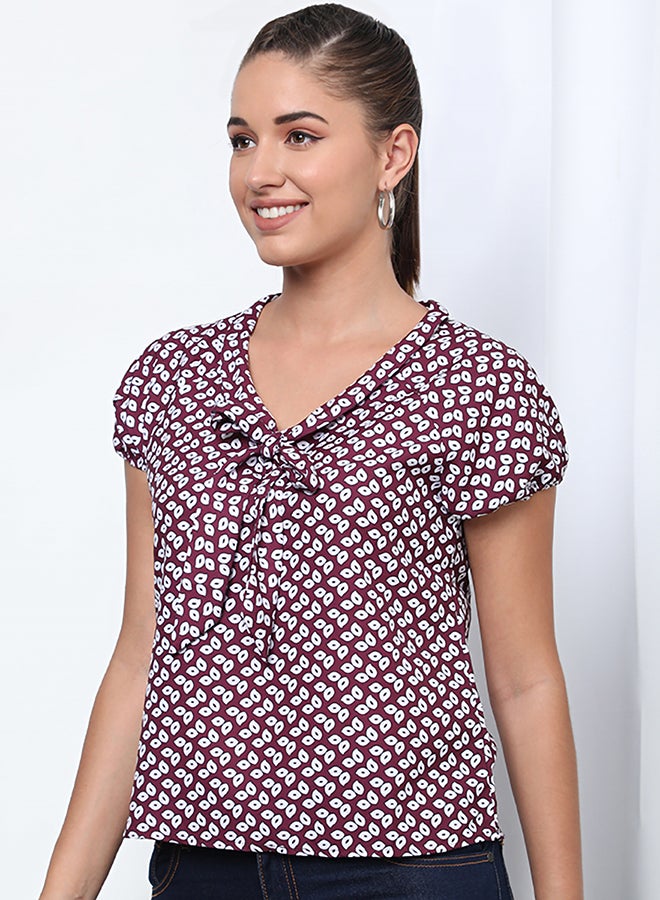 Aila Printed V- Neck Blouse Top Burgundy Floral  - Image 1