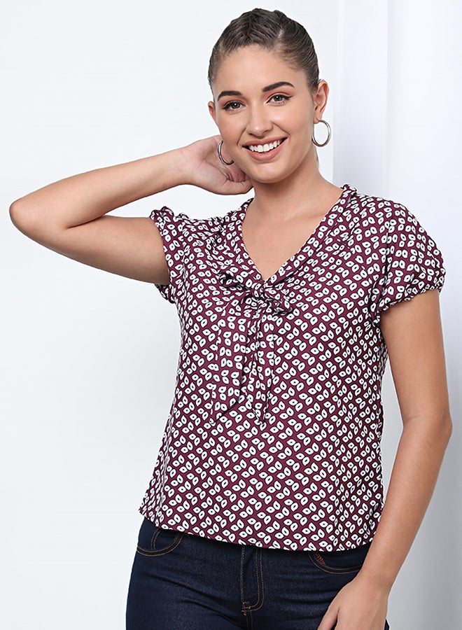 Aila Printed V- Neck Blouse Top Burgundy Floral  - Image 3