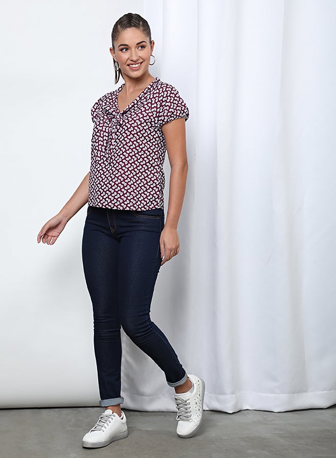 Aila Printed V- Neck Blouse Top Burgundy Floral  - Image 5