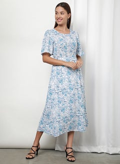 White Teal Floral Aop