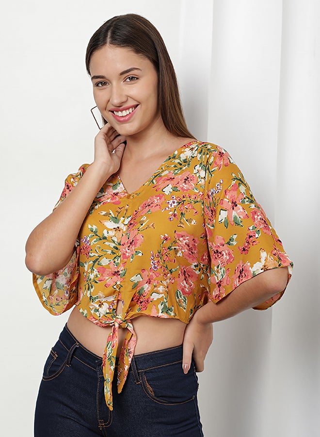 Aila Casual Floral Pattern V-Neck Blouse Mustard Floral  - Image 1
