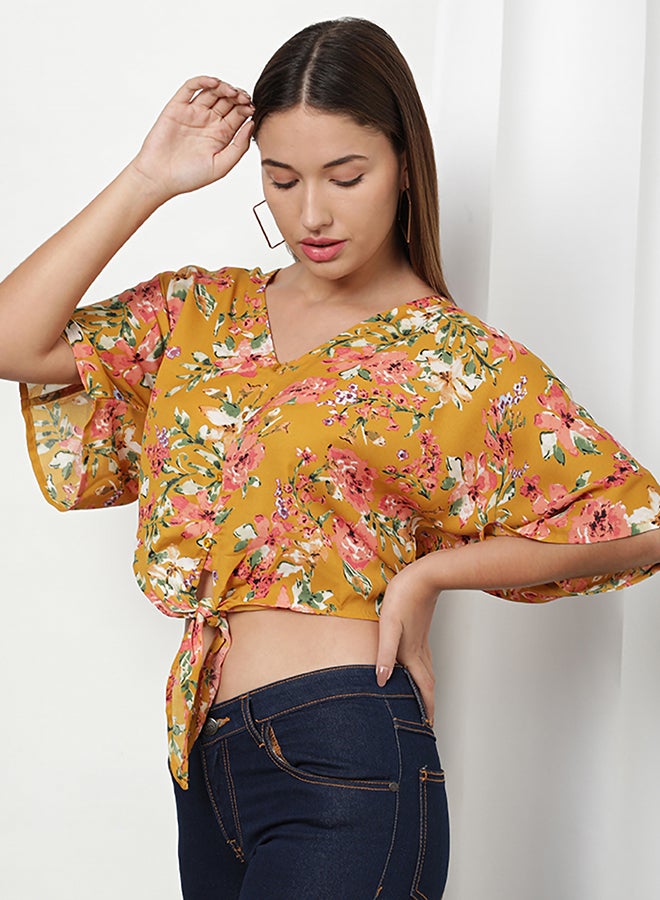 Aila Casual Floral Pattern V-Neck Blouse Mustard Floral  - Image 2
