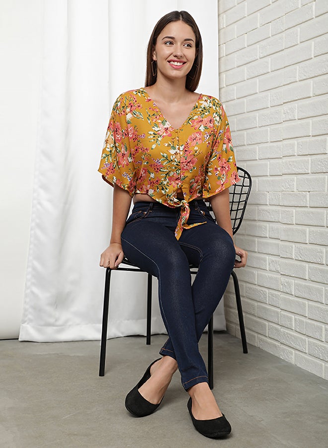 Aila Casual Floral Pattern V-Neck Blouse Mustard Floral  - Image 4