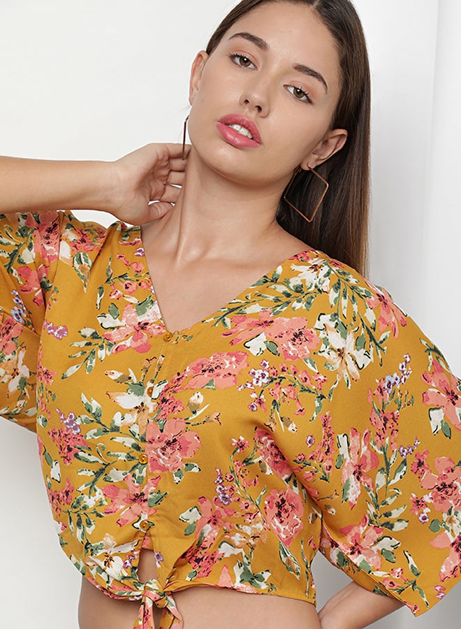 Aila Casual Floral Pattern V-Neck Blouse Mustard Floral  - Image 3