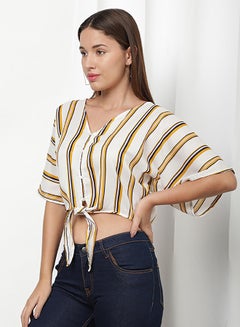 Aila Stripe Printed Crop Top Mustard White Stripes  - Image 3