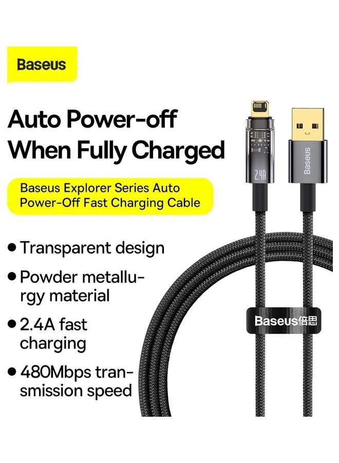 Baseus Explorer Series Auto Power Off Fast Charging Nylon Braided Data Cable USB A With Lightning Connector 2.4A (2m) Black - Image 2