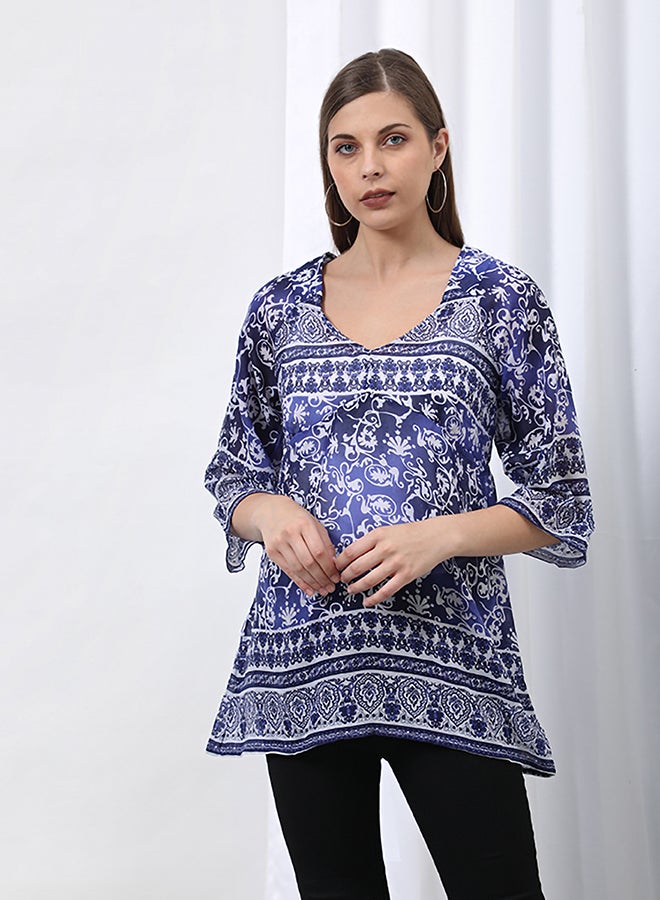 Aila Printed V-Neck Top Blue Aop  - Image 1