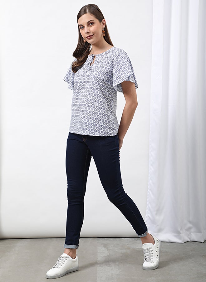 Aila Printed Tie Neck Top White Aop  - Image 1