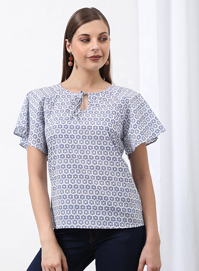 Aila Printed Tie Neck Top White Aop  - Image 2