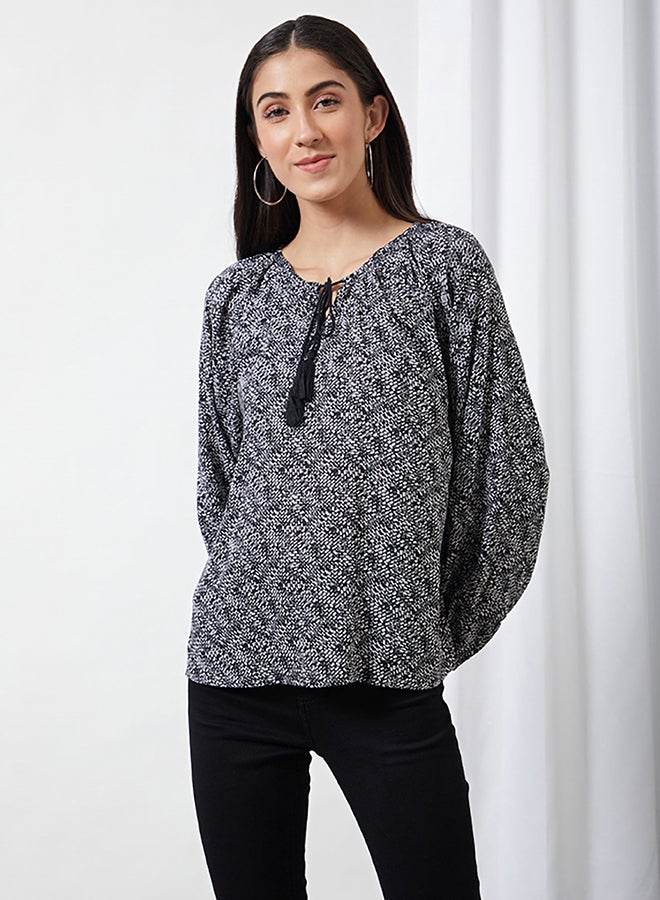 Aila Round Neck Printed Blouse Black Aop  - Image 1