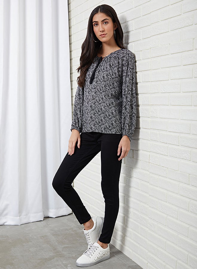 Aila Round Neck Printed Blouse Black Aop  - Image 4