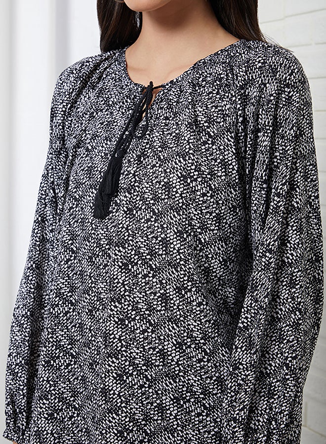 Aila Round Neck Printed Blouse Black Aop  - Image 2