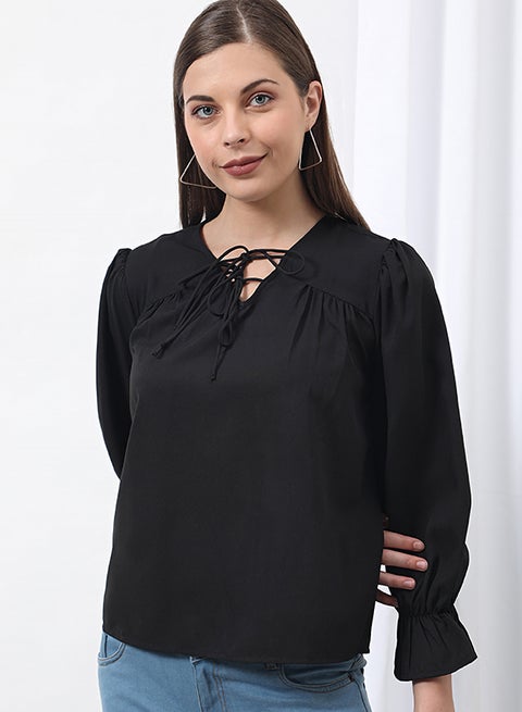 Plain Design Blouse Top Black Solid