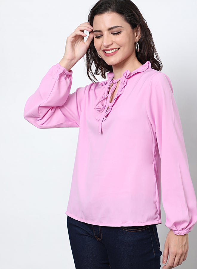 Aila Keyhole Neck Long Sleeve Woven Top Lilac  - Image 2