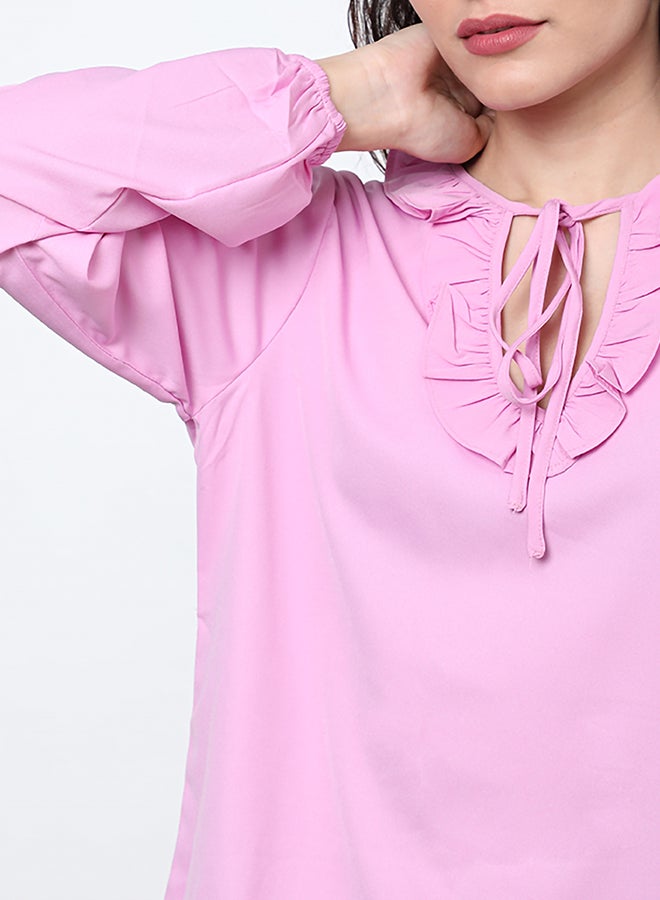 Aila Keyhole Neck Long Sleeve Woven Top Lilac  - Image 3