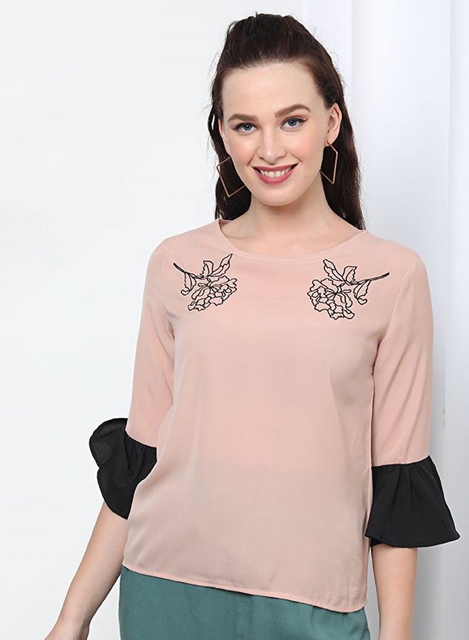 Aila Round Neck Bell Sleeve Woven Top Peach  - Image 1