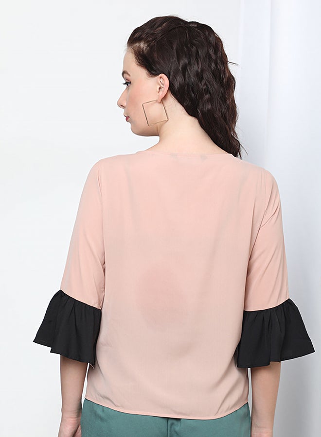 Aila Round Neck Bell Sleeve Woven Top Peach  - Image 2