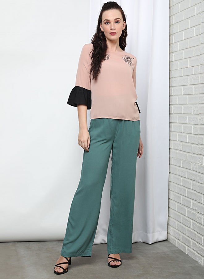 Aila Round Neck Bell Sleeve Woven Top Peach  - Image 4