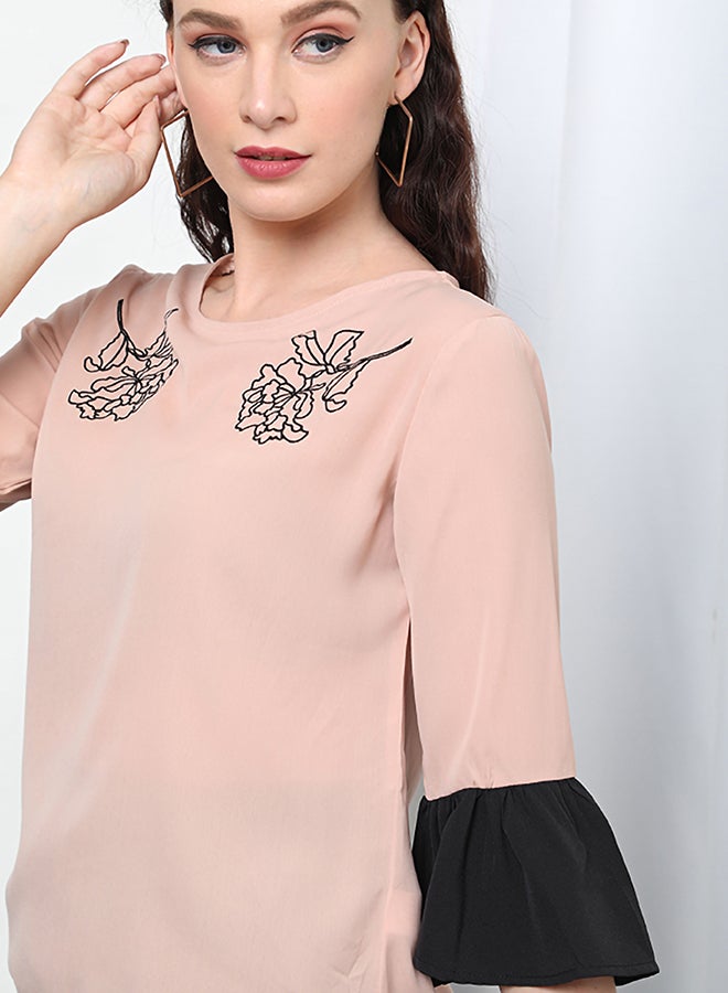 Aila Round Neck Bell Sleeve Woven Top Peach  - Image 5