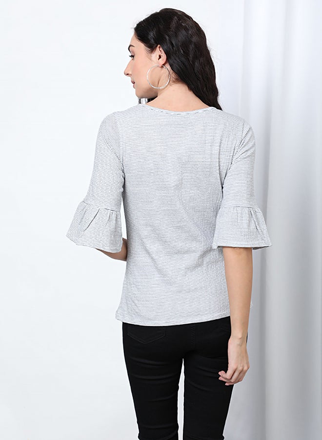 Round Neck Bell Sleeve Woven Top White