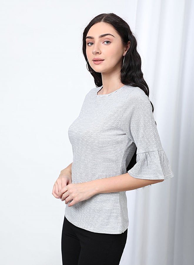 Round Neck Bell Sleeve Woven Top White