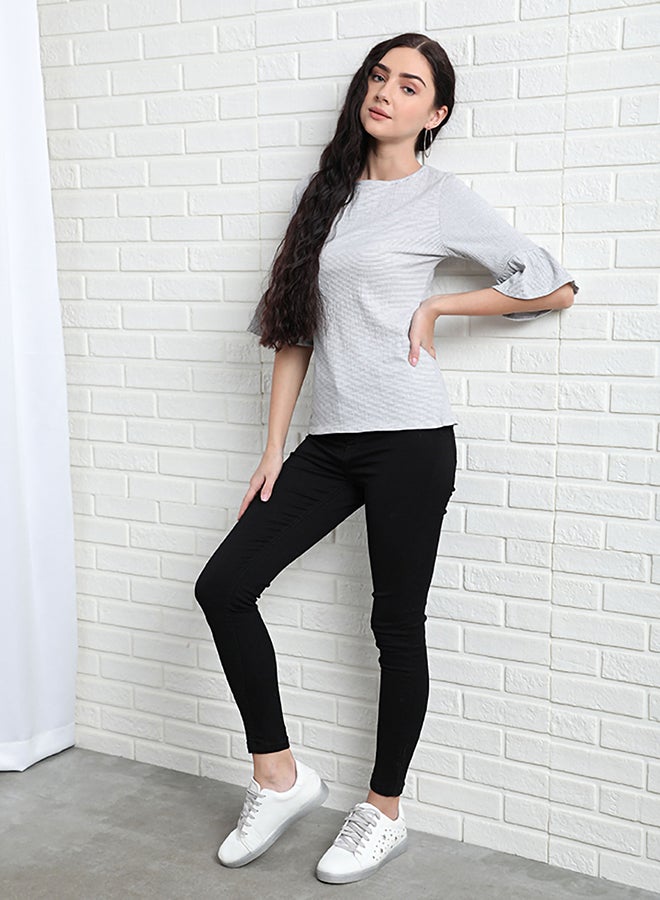 Round Neck Bell Sleeve Woven Top White