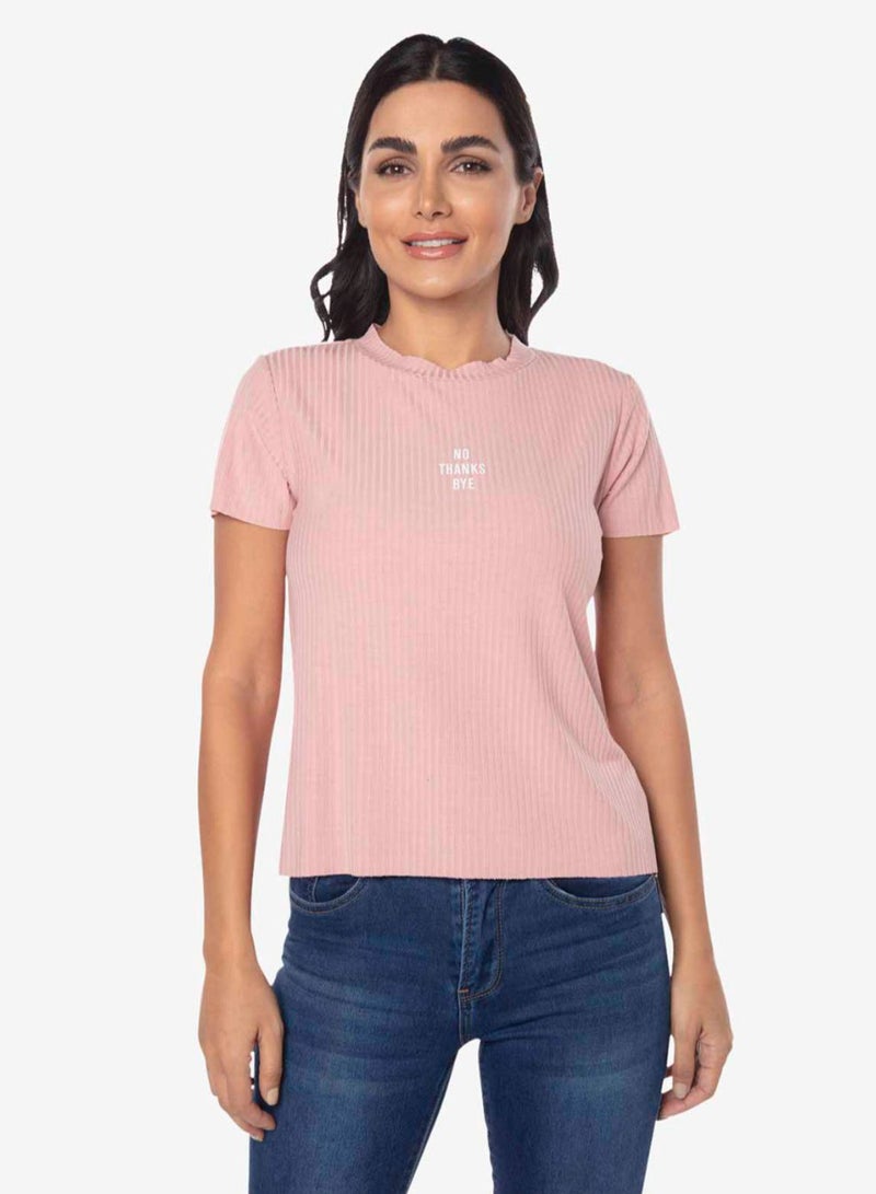 R&B Ribbed Detail Crew Neck Top Dusty Pink  - Image 1