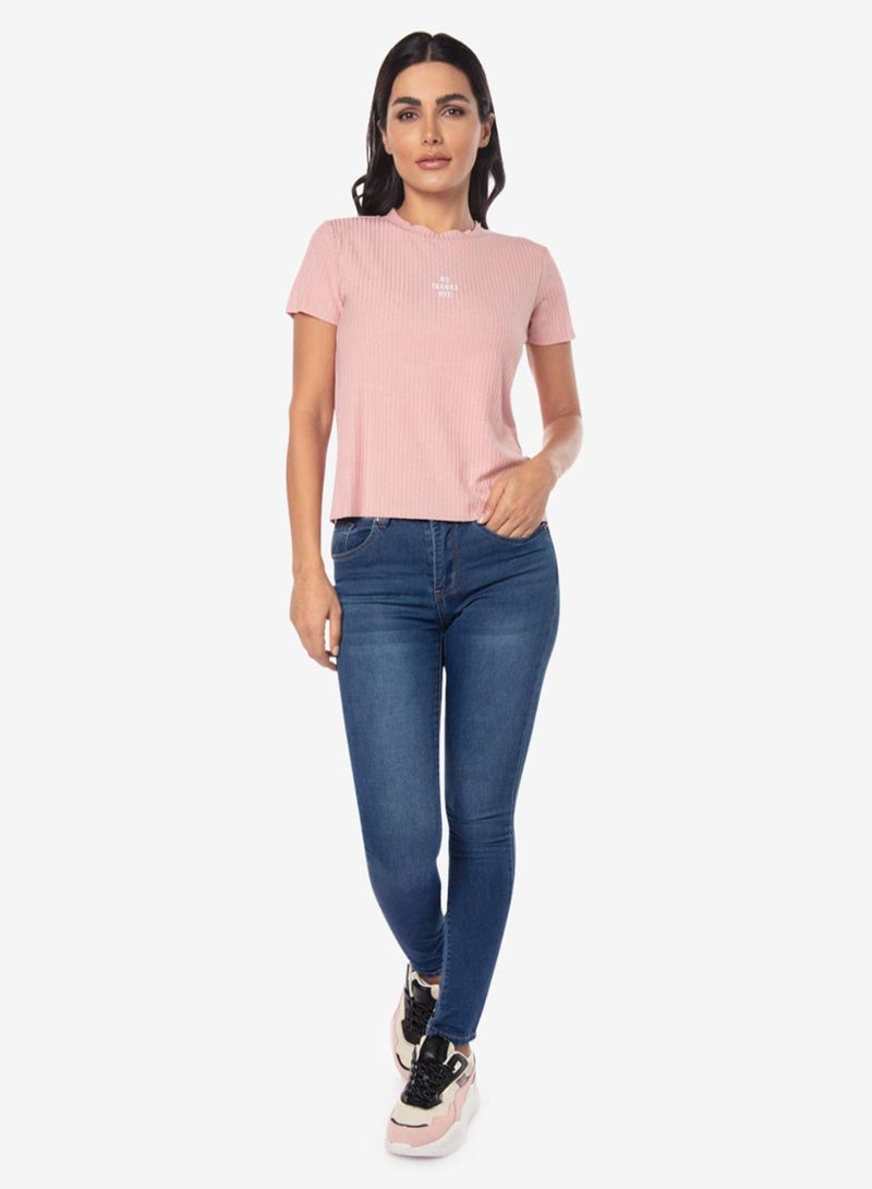 R&B Ribbed Detail Crew Neck Top Dusty Pink  - Image 2
