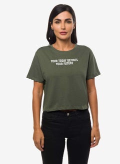 R&B Slogan Printed Crop T-Shirt Olive Green  - Image 1
