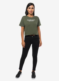 R&B Slogan Printed Crop T-Shirt Olive Green  - Image 2