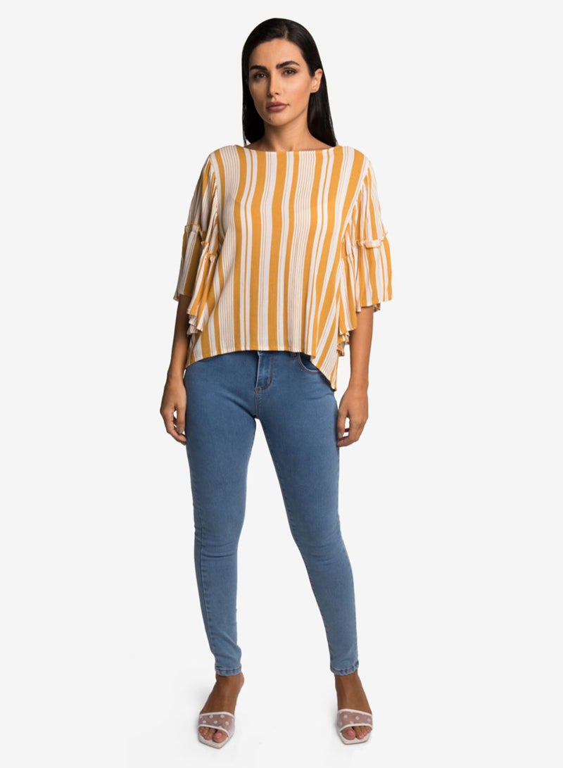 R&B Striped Flare Sleeves Top Mustard Yellow/White  - Image 3