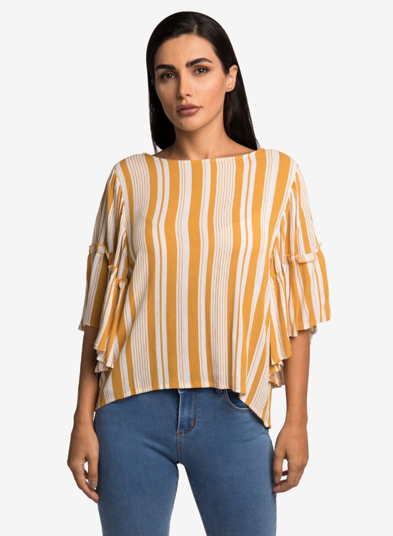 R&B Striped Flare Sleeves Top Mustard Yellow/White  - Image 1