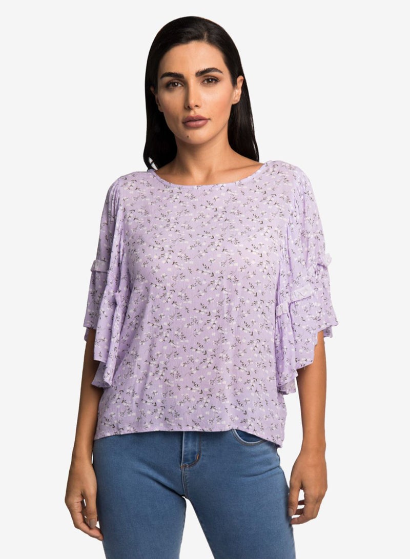 R&B Printed Flare Sleeves Top Lilac  - Image 1