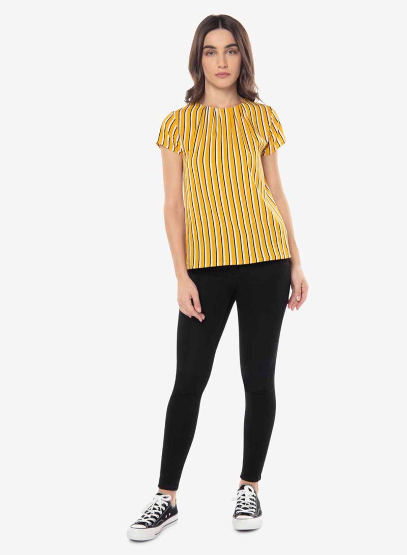 R&B Stripes Pattern Round Neck Top Mustard Yellow  - Image 2