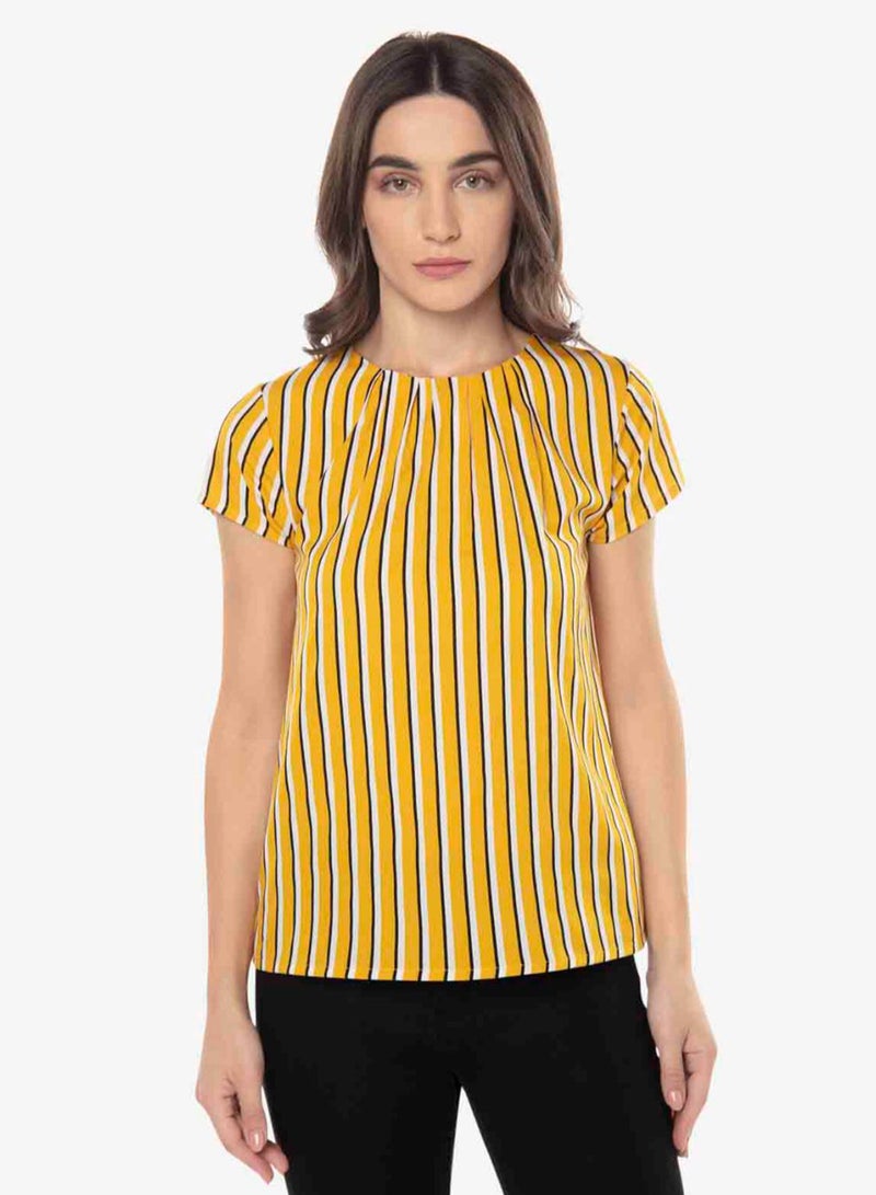 R&B Stripes Pattern Round Neck Top Mustard Yellow  - Image 1