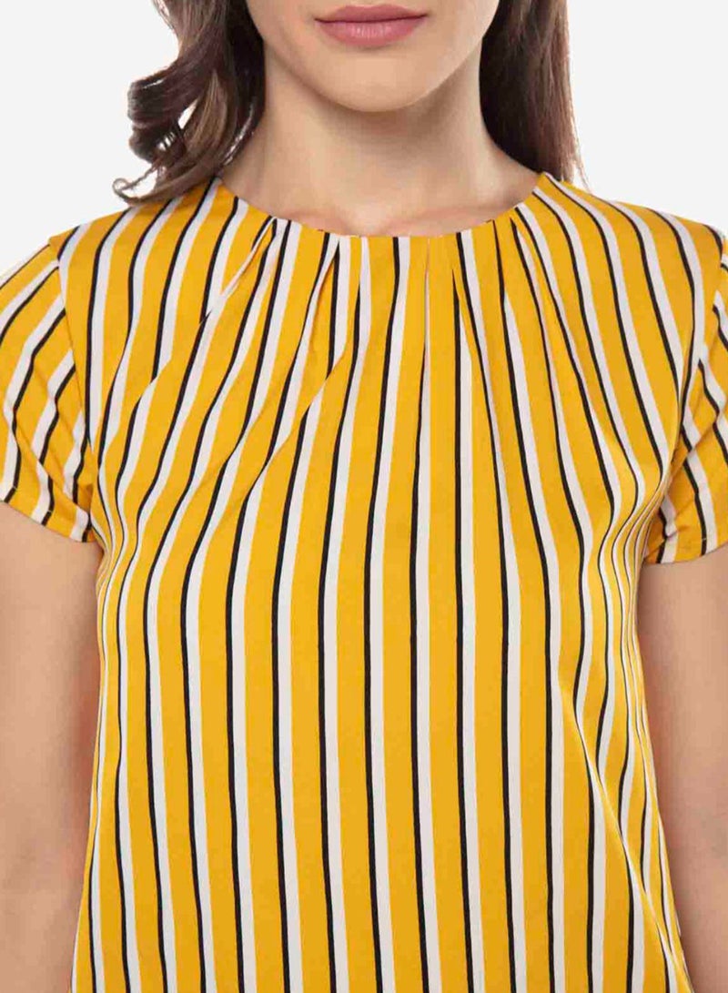 R&B Stripes Pattern Round Neck Top Mustard Yellow  - Image 4