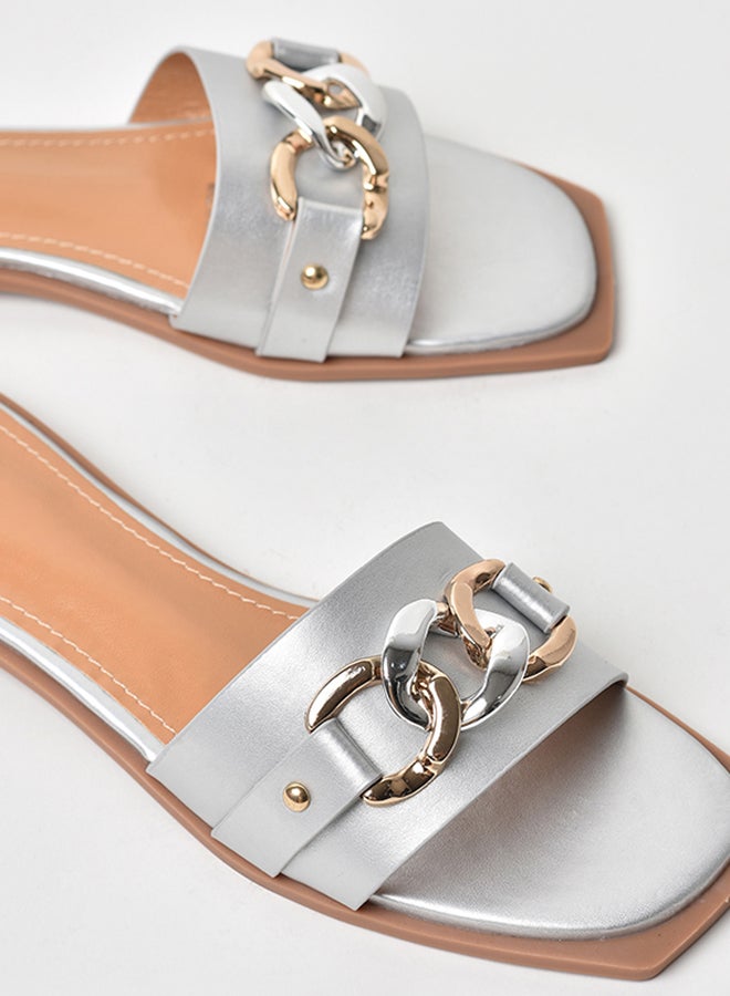 Aila - Chain Detail Strap Flat Sandals Silver - Image 1