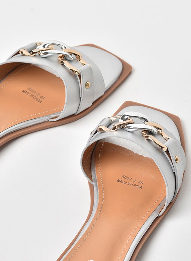 Aila - Chain Detail Strap Flat Sandals Silver - Image 1