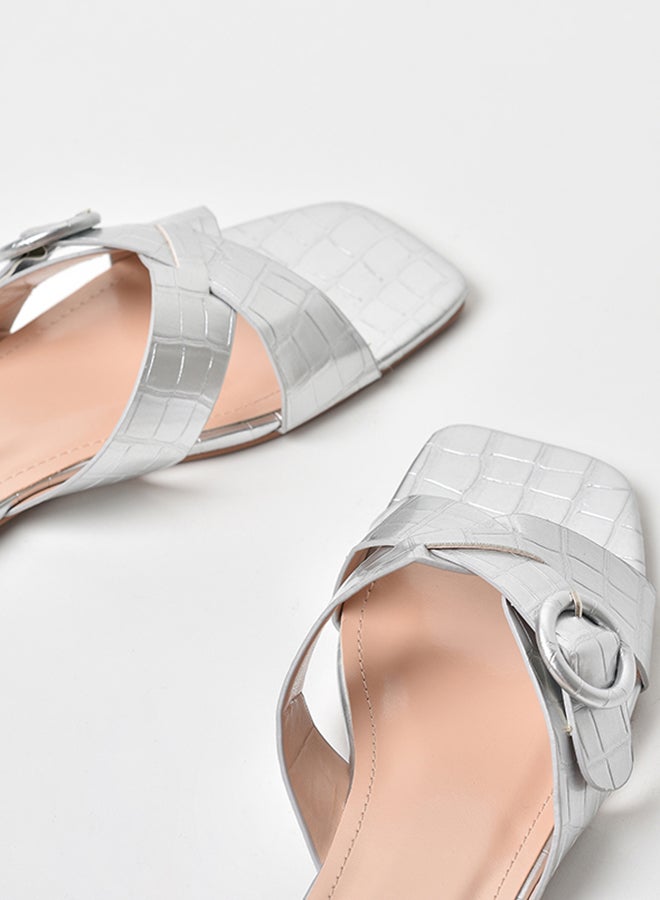 Aila - Animal Pattern Cross Over Strap Flat Sandals Silver - Image 1