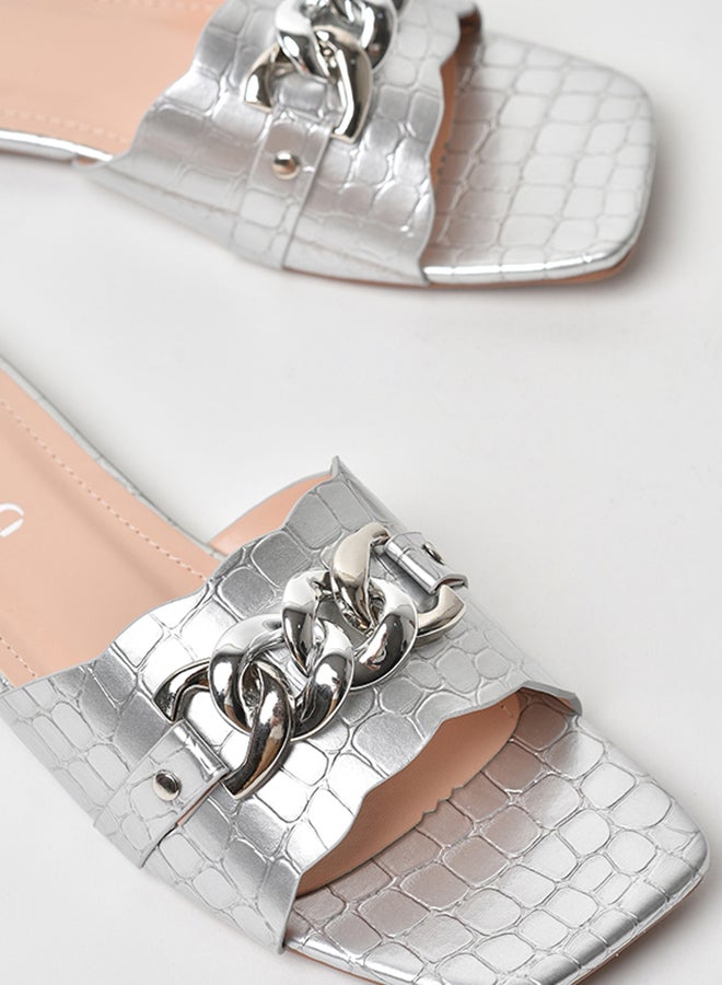 Aila - Animal Pattern Chain Detail Strap Flat Sandals Silver - Image 1