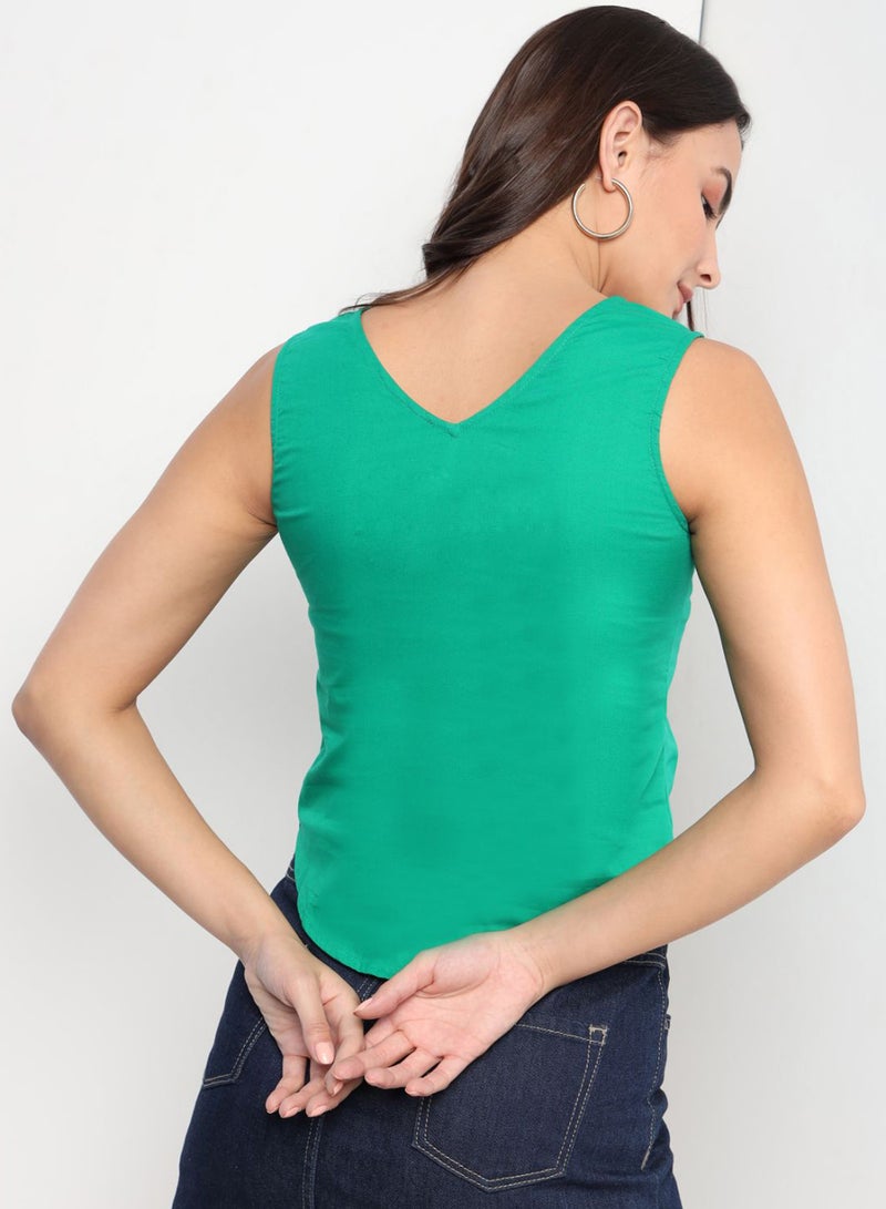 Aila - Stylish  casual sleeveless solid crop top with tie knot green - Image 1