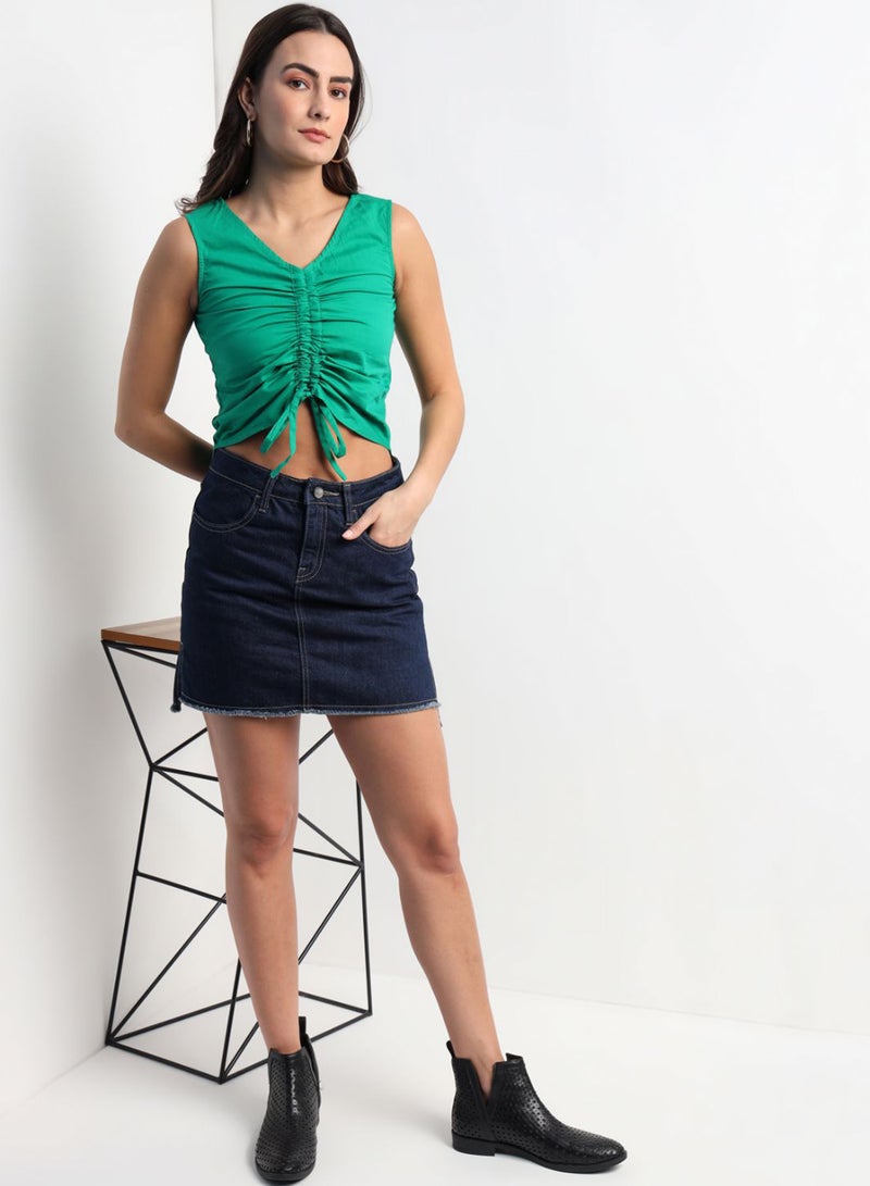 Aila - Stylish  casual sleeveless solid crop top with tie knot green - Image 1